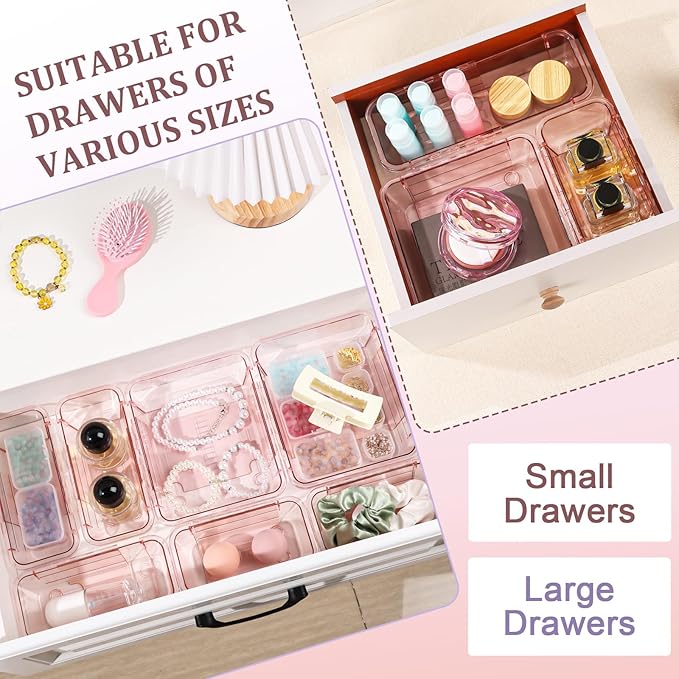 15 Pcs Adjustable Clear Drawer Organizer, All Extendable Vanity Storage Bins, Desk Drawer Organizer Set for Makeup, Cosmetics, Bedroom, and Gadgets, Pink