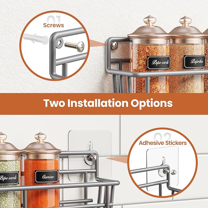 5 Pack Spice Rack Seasoning Organizer Wall Mount, Screw or Adhesive Hanging Shelf Basket Spice Organizer Shelf for Kitchen, Gray