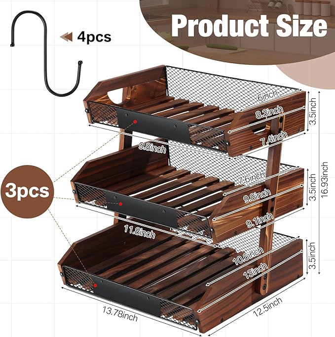 3 Tier Fruit Basket for Kitchen Counter Organizer with Banana Hangers Wooden Fruit Basket Kitchen Counter Storage Holder for Onion Potato Bread Vegetable Organize(15.75 x 13.7 x 16.9 Inches)