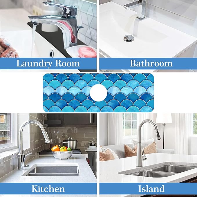Mermaid Fish Scale Wave Faucet Mat Splash Guard Scale Texture, Soft Diatom Mud Material, Strong Water Absorption, Non-slip,Easy to Clean for Bathroom, Kitchen 15"X5.5"