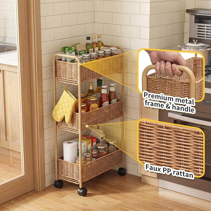 FOCHIER F Utility Slim Storage Cart,3-Tier Rolling Kitchen Office Laundry Room Cart,Mobile Shelving Unit Organizer for Living Room Bathroom Baby Diaper Narrow Places (Natural, 3 Tiers-7.1 inch (W))