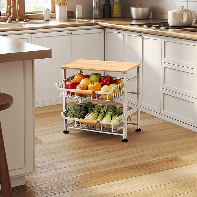 3-Layer Fruit Basket Kitchen Food Organizer and Rack Rolling Pantry Kitchen Cart On Wheels with Wood Top Table,Pull-Out Hollow Metal Basket for Sorting Spice Snacks Vegetables,White