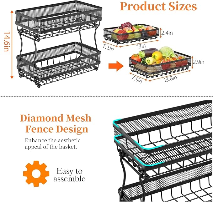 2 Tier Fruit Basket Countertop for Kitchen, Vegetable Bread Bowl Storage Stand - Detachable Metal Rectangular Wire Basket, 14-Inch Antique Black