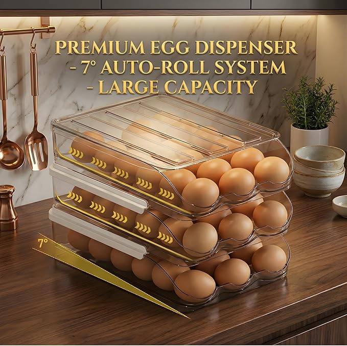 Egg Holder for Fridge, Automatic Rolling Egg Organizer for Refrigerator, Clear Plastic Storage for Refrigerator with Lid, Large Capacity Dispenser, Stackable Container (2 Layers Holder 36 Eggs)