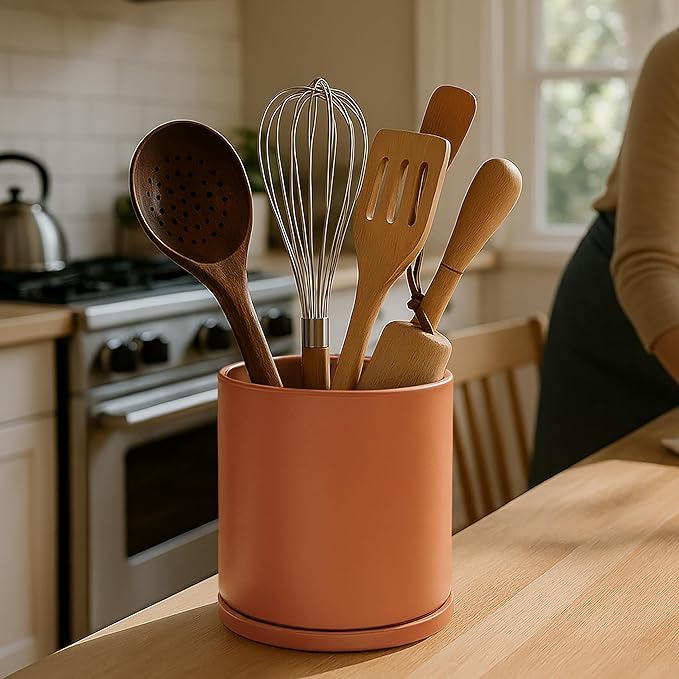 D'vine Dev 360° Rotating Utensil Holder – 7.2" Kitchen Utensil Crock for Countertop, Modern Cooking Tool Organizer for Kitchen Storage & Décor, Set of 2, Pumpkin, 72-Y-E-2