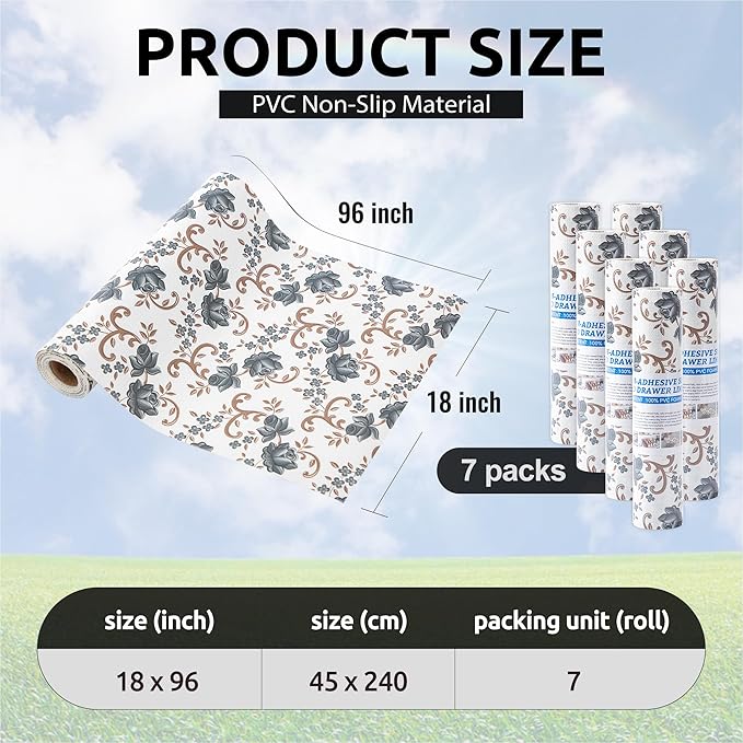 FIFTY FEET 18X96 Inch Shelf Liner for Kitchen Cabinets, PVC Drawer Liner for Dresser Non-Slip Bathroom, Non-Adhesive Cabinet Liner Washable (Black Floral)(7 Roll)