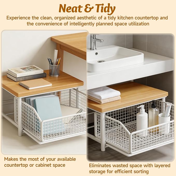 Kitchen Countertop Organizer with Drawer and Wire Basket, 2-Tier Hardwood Shelf for Microwave, Coffee Maker—Sliding Drawer for Fruit Storage, Space-Saving Kitchen Pantry Organizer with Counter Shelf