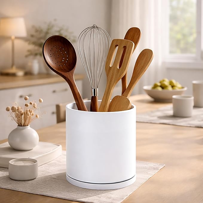 D'vine Dev 360° Rotating Utensil Holder – 7.2" Kitchen Utensil Crock for Countertop, Modern Cooking Tool Organizer for Kitchen Storage & Décor, Set of 2, White, 72-Y-A-2