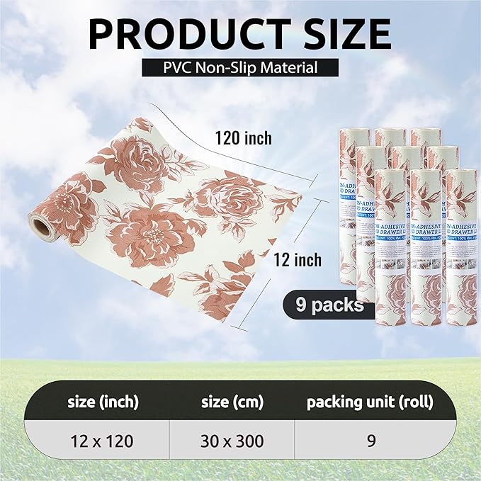 FIFTY FEET 12X120 Inch Shelf Liner for Kitchen Cabinets, PVC Drawer Liner for Dresser Non-Slip Bathroom, Non-Adhesive Cabinet Liner Washable (Red Flower)(9 Roll)