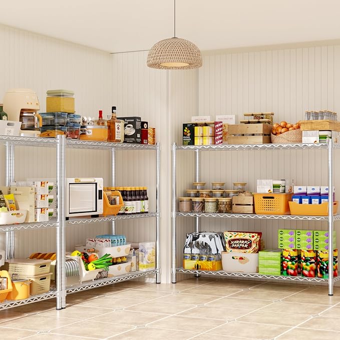 MODCART Storage Shelves, 4 PCS 48" L x 20" W x 47" H Heavy Duty Garage Wire Shelving Unit Loads 1200LBS, 3-Tier Adjustable Metal Industrial Utility Shelf Rack for Kitchen, Laundry Room, Basement