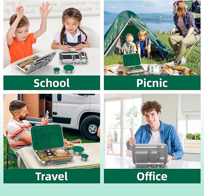 Stainless Steel Bento Box for Adults, 5-Compartments Leak-Resistant Stainless Steel Lunch Container with 2 Container, Dishwasher-Safe,Design for Office Picnics and Travel,BPA-Free Green