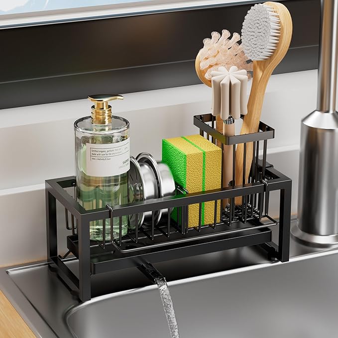 Sponge Holder for Kitchen Sink, Upgrade Thick Sink Caddy with Removable Drip Tray, High Brush Holder & Towel Bar for Countertop Dish Soap Dispenser Storage Accessories, Black