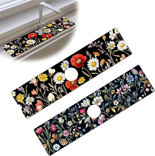 Bimkole 2 PCS Faucet Absorbent Mat, Kitchen Faucet Sink Splash Guard Wraparound Cloth Pads Drip Catcher for Sink Faucet for Kitchen Bathroom Faucet, Colorful Faucet Mat, 15 x 4 Inch Flower A1