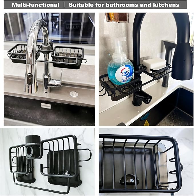 Sink Organizer Rack for Kitchen and Bathroom,Stainless Steel Detachable Hanging Faucet Drain Rack with Drip Tray Faucet Sponge Holder for Bathroom (Black, L&R as One)