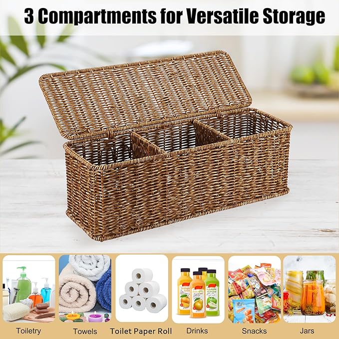 Sumnacon Wicker Storage Basket with Lid, Rectangular Narrow Baskets for Bathroom, Farmhouse Imitation Rattan Bin with Dividers, Decorative Handwoven Tray Organizer for Countertop Shelves Toilet Tank