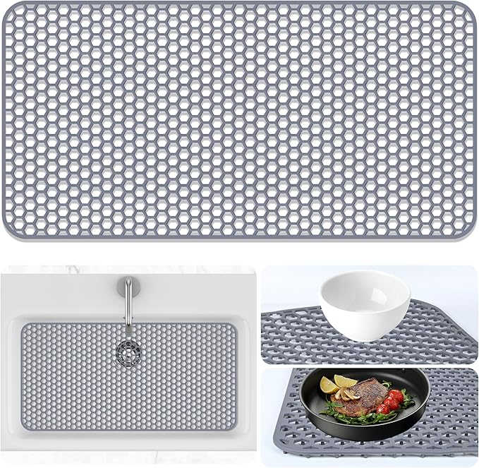 Inchoco Sink Protectors Mat - 28.35"x14.37" Kitchen Sink Pad for Bottom of Basin for Protection of Stainless Steel and Tableware, Farmhouse Rubber Basin Mat Protector - Light Gray