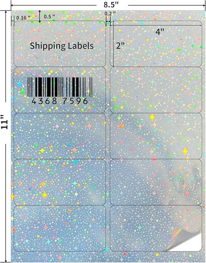 YEGAWEN Shipping Labels Stickers, 2"×4" Printable Holographic Mailing Labels for Laser/Inkjet Printing- Matte Holographic Star- 8.5"×11"- 20 Sheet