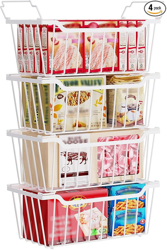 Freezer Organizer Bins, 4 Pack Chest Freezer Organizer Stackable for 5-7 Cu.FT Deep Freezer Sort Frozen Meats and Food, Freezer Storage Baskets with Handles Easy Reach from Bottom, White