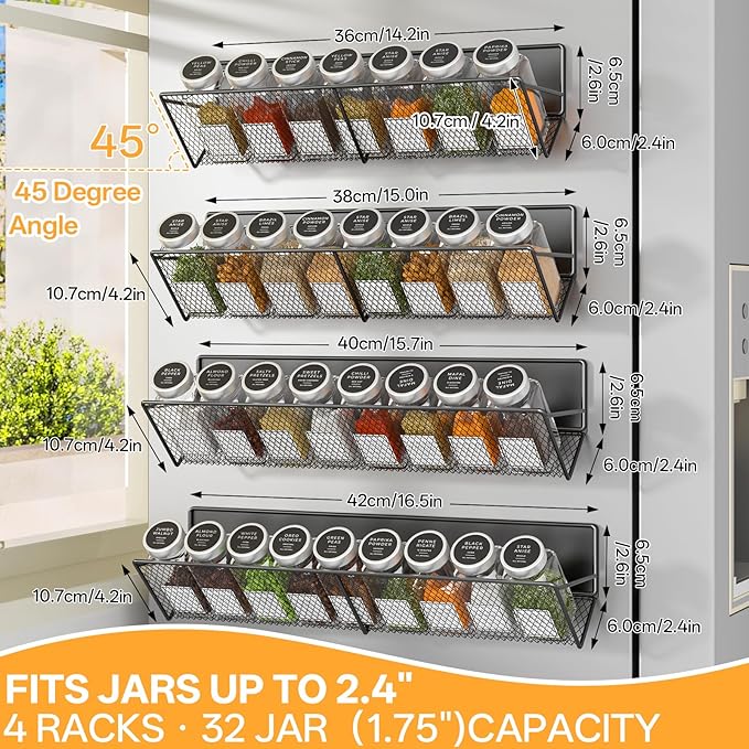 Magnetic Spice Rack for Refrigerator 4-Pack, Tilt Magnetic Fridge Shelves, 14-16.5 inch, 100% Metal, Holds 32 Jars, Strong Magnet Spice Organizer for Small Apartment Kitchen/ Laundry, Space Saving