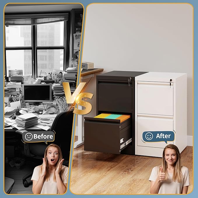 2 Drawer File Cabinet with Lock, Vertical Filing Cabinets for Home Office, Metal Storage Cabinets, Heavy Duty File Cabinet for Letter/Legal/A4/F4 Size Amsseble Required, White