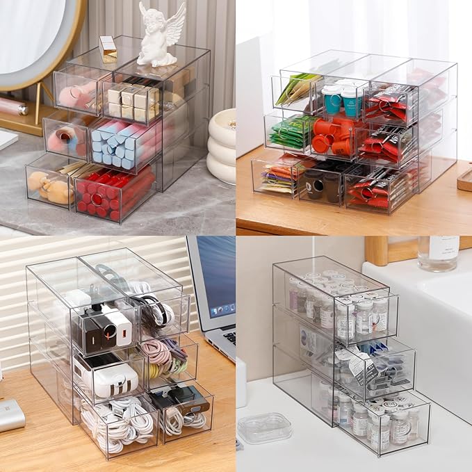 Plastic Storage Drawers, Home Office Supplies Organizer for Bathroom, Kitchen, Pantry, Coffee Bar, Clear Desk Accessories Box for Marker, Art Crafts, Makeup (12 Drawers)