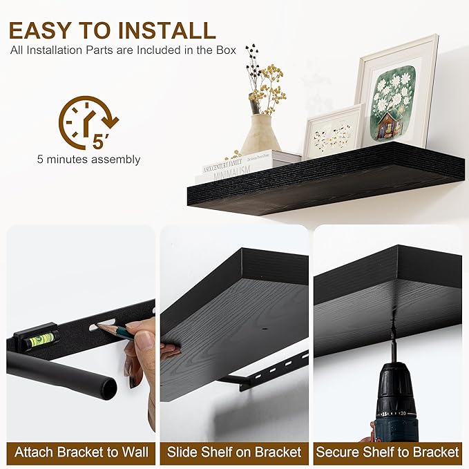Fun Memories 66 Inch Fireplace Mantel - Long Floating Shelf, Wall Mounted Farmhouse Display with Invisible Heavy Duty Metal Bracket, Black, 2 Pack