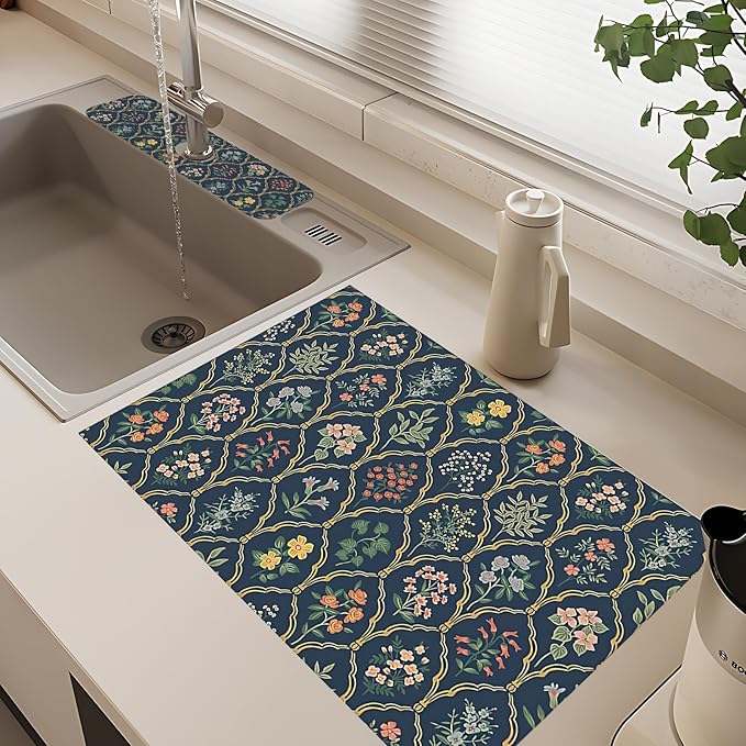 2Pcs Dish Drying Mats Faucet Mats Sets Large Size Coffee Mats Sink Faucet Mat Splash Guard for Kitchen Counter Bathroom Sink Coffee Bar Kitchen Decor (Vintage Flowers, 18"x24" 15" x 5.5"Set)