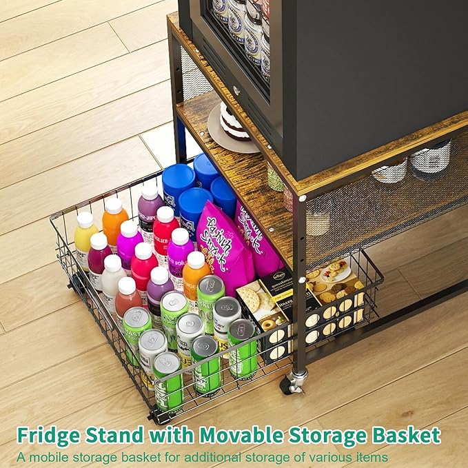 Hadulcet 3-tier Mini Fridge Stand with Storage Basket - Rolling Mini Fridge Cabinet with Wheels, Heavy Duty 21"L* 21"W Fridge Cart, Sturdy Metal Frame, for Home, Apartment, Office, Dorm, Rustic Brown