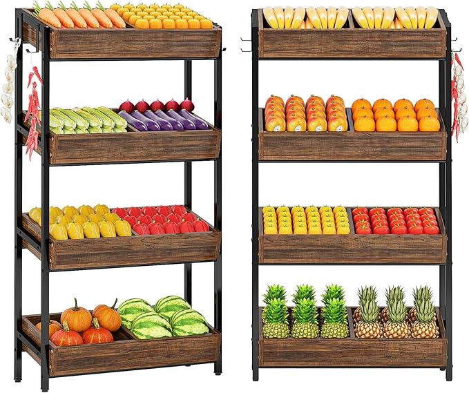LITTLE TREE 4-Tier Wood Fruit Vegetable Storage Basket Stand Set of 2, Versatile Utility Shelf Rack for Kitchen, Office, Store, Supremarket, Vintage Brown