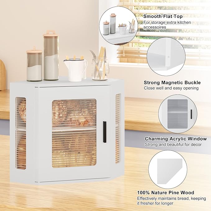 TQVAI Corner Bread Box for Kitchen Countertop, Solid Wood Double Layer Large Storage Container with Adjustable Shelves, Farmhouse Acrylic Window Design, White