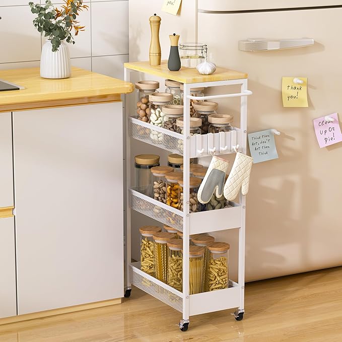 Slim Rolling Utility Cart, 4 Tier Metal Narrow Storage Cart with Handle and Wood Top, Multifunctional Small Mobile Shelf Unit Organizer Trolley for Laundry, Bathroom, Kitchen
