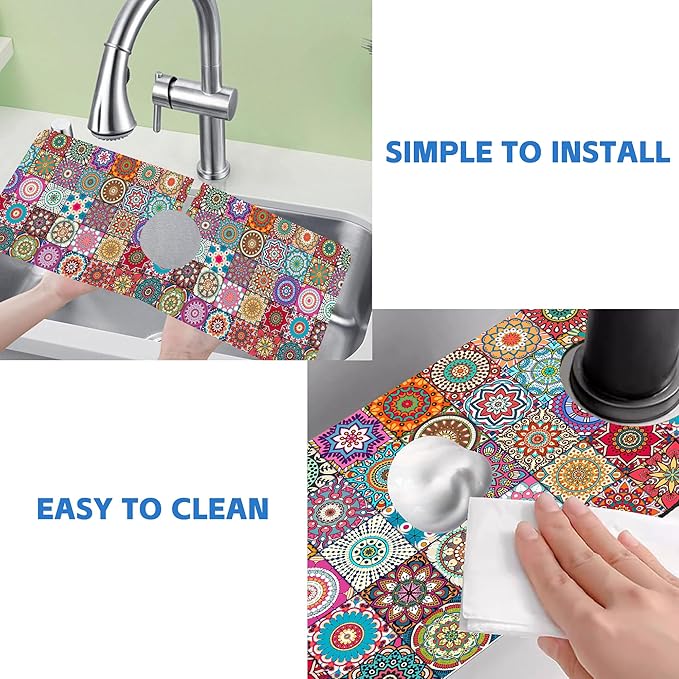 Vintage Boho Mandala Floral Kitchen Sink Splash Guard Mat Absorbent Fast Drying Mat Faucet Draining Mat Sink Splash Guard Behind Faucet Drip Catcher for Kitchen Bathroom 5.5"×15"