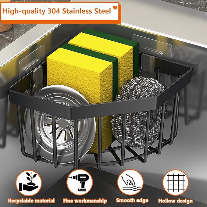 Sponge Holder for Corner Kitchen Sink, Adhesive Stainless Steel Kitchen Sink Organizer Caddy,Dish Cloth Hanger Sponge Holder Soap Storage Rack for Space-Saving Storage(not for Rounded)