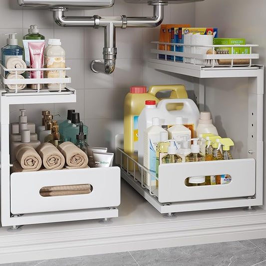 2 Pack Under Sink Organizer with Smooth Ball Bearing Slides,2-Tier Pull Out Cabinet Storage,Slide Out Drawers for Bathroom&Kitchen,Under Sink Shelf,Rust-resistant Coating,Height Adjustable