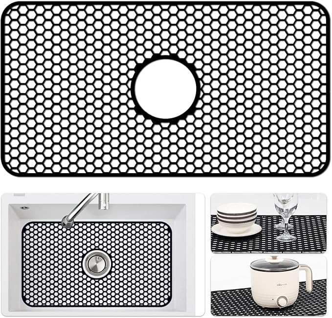 Bestjing Silicone Sink Mat - 24.8''x13'' Sink Protector for Kitchen Sink with Center Drain - Kitchen Grid Accessory, Non-slip Heat Resistant Mat for Bottom of Farmhouse Stainless Steel (Center Hole)