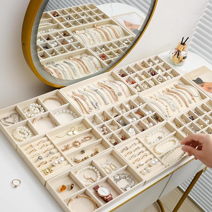 Jewelry Trays Organizer for Drawer, 9 Set of Small Jewelry Display Case Storage Velvet Stackable Drawer Inserts Organizer for Necklaces Bracelets Earrings Rings (Beige)