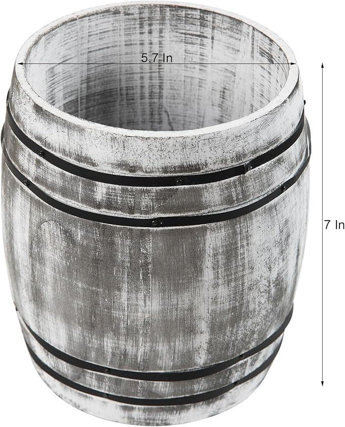 Rustic Dark Stone Gray Wood Utensil Crock Wine Barrel Kitchen Organization Countertop Holder Black Metal Cooking Tools Culinary Gadgets Compact Storage Vintage Wooden Organizer Home Restaurant