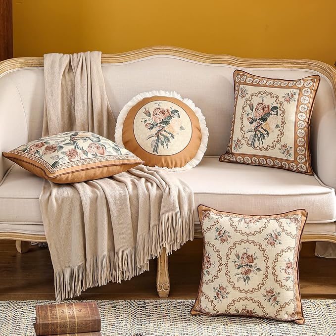 patdrea Designer Vintage Floral Throw Pillow Covers for Couch,Brown Yellow Linen Pillowcases with Bird and Rose Pattern, Decorative Square Cushion for Bed Living Room Outdoor Cafe Car,18"x18"