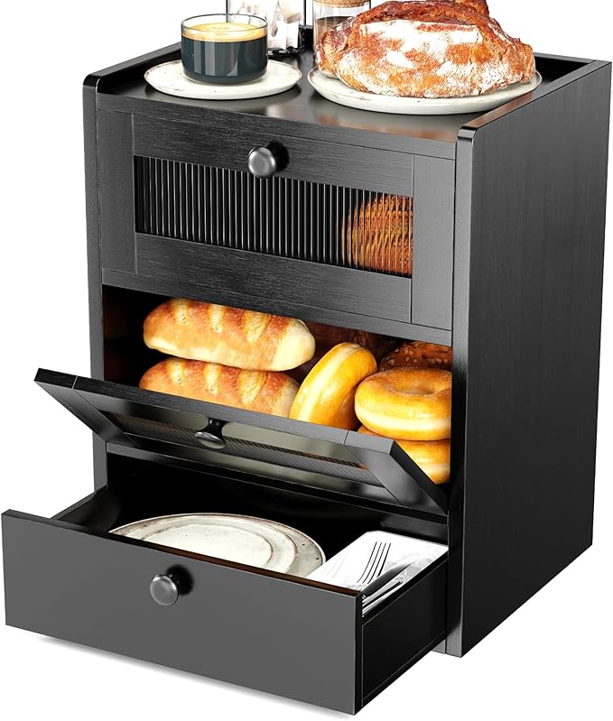 Bread Box for Kitchen Countertop, 3 Layer Farmhouse Countertop Bread Storage with Magnetic Closure Window Bread Storage Container Bin for Kitchen, Pantry (Black)
