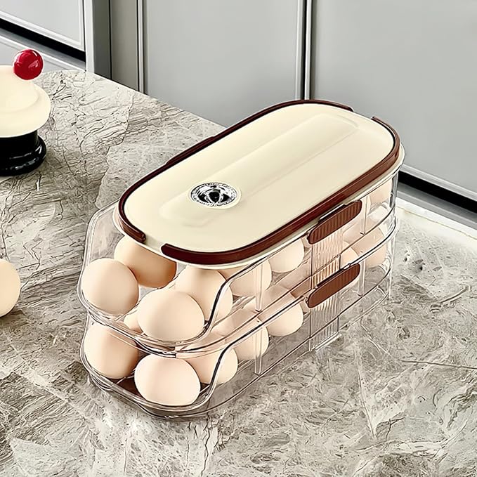 Egg Holder for Fridge: Automatic Rolling Egg Container Egg Dispenser Egg Storage Organizer for Refrigerator with Handle and Freshness Indicator (Double Layer)