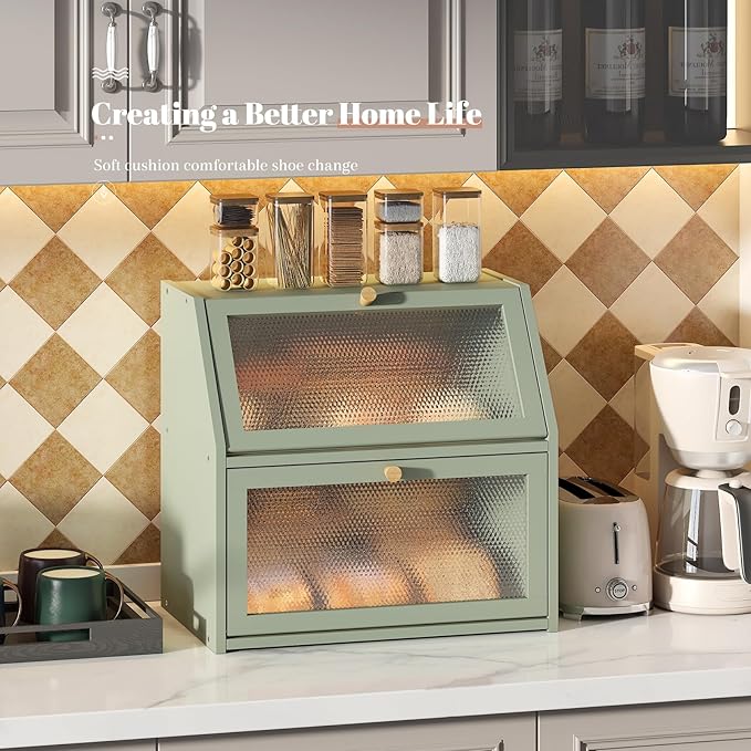 Bread Box for Kitchen Countertop Bin Double Layer Bread Box Storage Container Extra Large Capacity Farmhouse with Diamond Pattern Windows (Green, Extra Large)