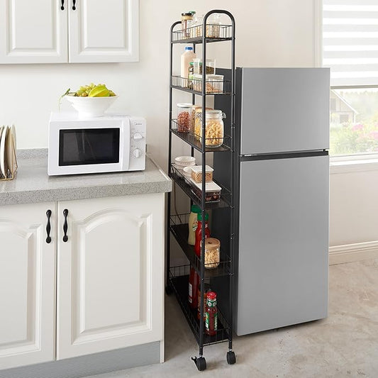 6 Tier Slim Rolling Pantry Storage Cart Metal Wire Storage Shelving Rack with Lockable Wheels Mobile Shelving Unit with Baskets Utility Cart for Kitchen Bathroom Laundry Narrow Places, Black &6" D