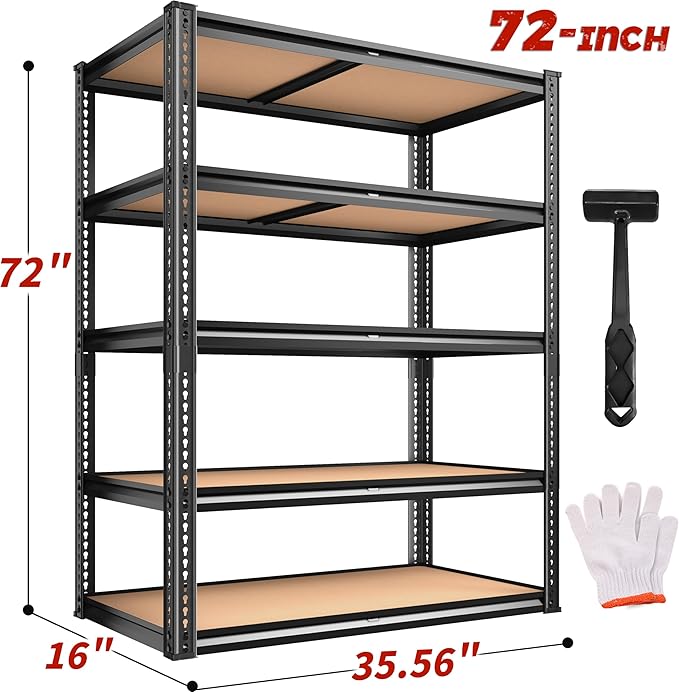 2250LBS Storage Shelves Heavy Duty 5 Tier Garage Storage Shelving, Adjustable Metal Shelving Unit Utility Rack Shelf for Warehouse, Pantry, Closet, 72" H x 35.56" W x 16" D, Black.2PCS