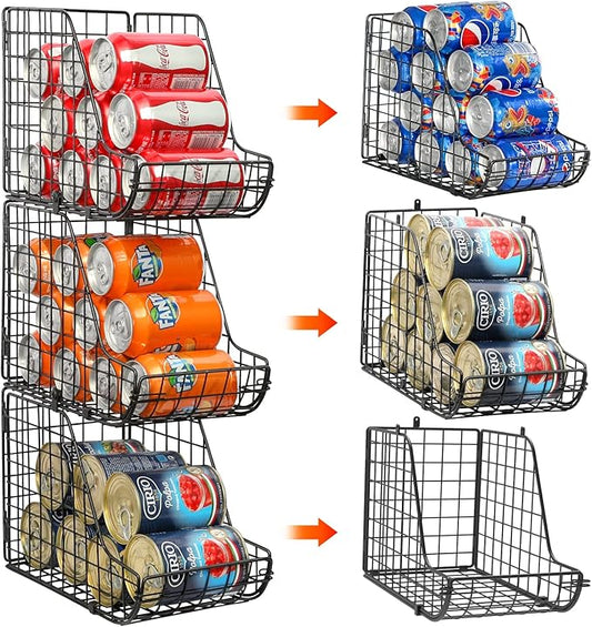 X-cosrack Stackable Can Organizer for Pantry 3Pack，Standing Dispenser Storage Bins,Metal Wire Basket Beverage Pop Soda Rack Stand Kitchen Pantry Countertop Cabinets,Stacking Canned Food Holder