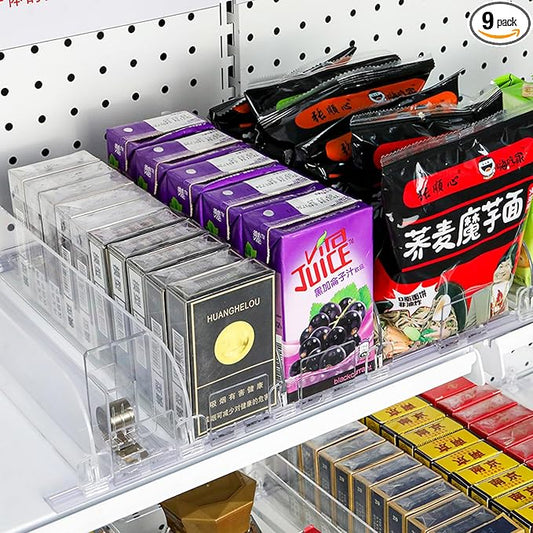 9-Pack Spring-Loaded Shelf Pusher System for Retail - Adjustable Width Fits Supermarket/Store/Pharmacy, Auto-Push Snack, Cigarette & Medicine Display Organizer, Durable Shelf Merchandiser