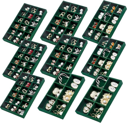 SPAKOWN Jewelry Organizer for Drawer Set of 9, Velvet Jewelry Tray Stackable Jewelry Organizer Display Trays Divided Earring Storage Containers (Green)
