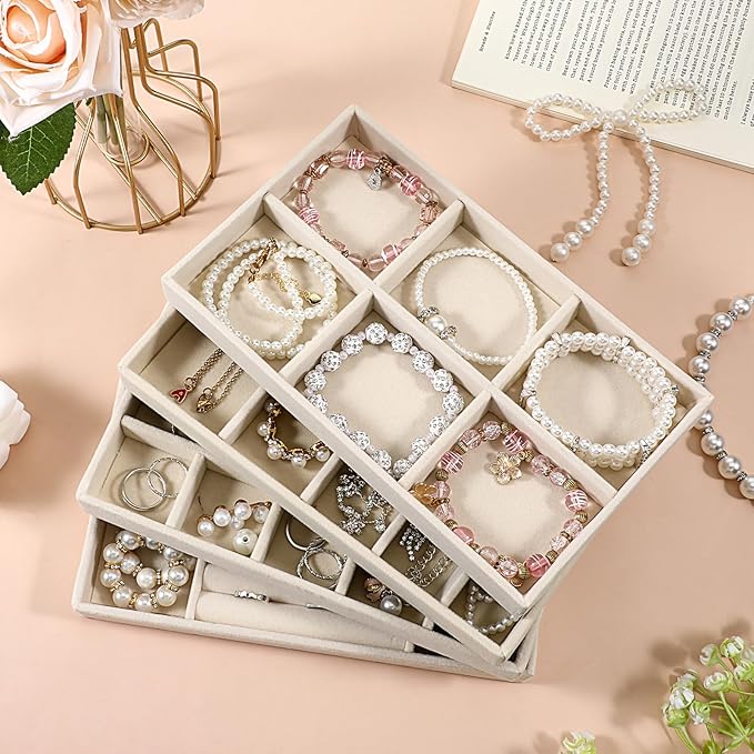 Prasacco 4 Pcs Stackable Jewelry Trays Jewelry-Organizer for Drawer Jewelry Drawer Organizer Inserts with Removable Dividers Jewelry’ Storage Display Case for Earrings Necklaces Rings Bracelets