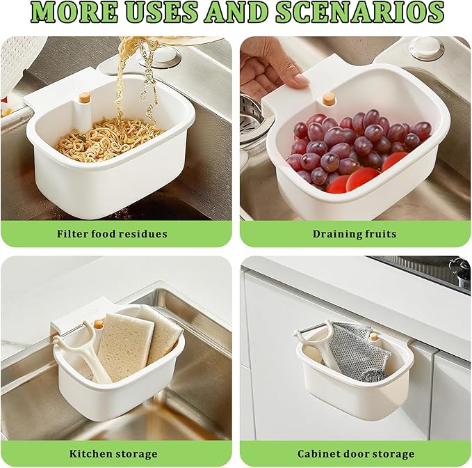 Kitchen Sink Drain Strainer Basket - Hanging Sink Drain Basket with One-Touch Drain Mesh, Kitchen Sink Food Catcher Basket Storage Organizer (White)