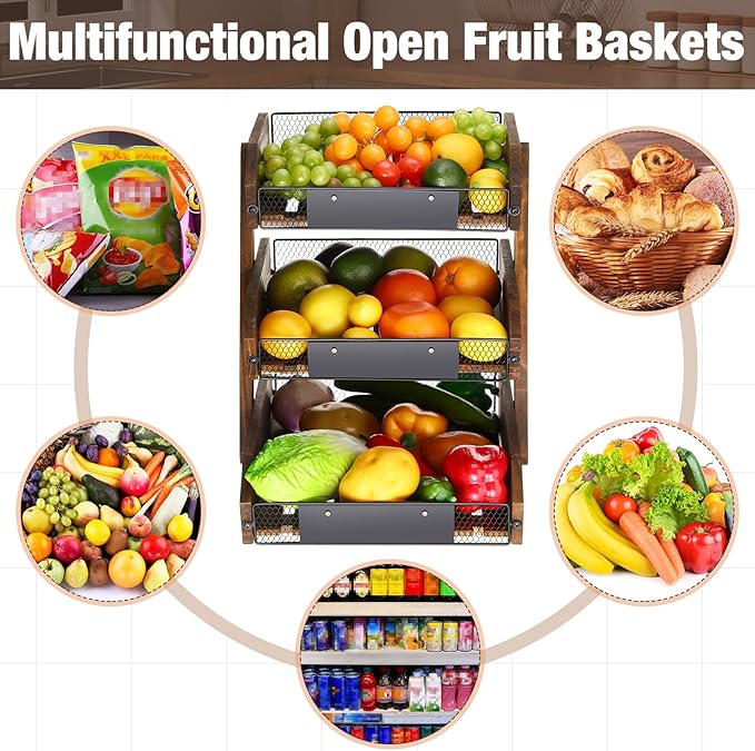 3 Tier Fruit Basket for Kitchen Counter Organizer with Banana Hangers Wooden Fruit Basket Kitchen Counter Storage Holder for Onion Potato Bread Vegetable Organize(11.7 x 12.5 x 15.7 Inches)