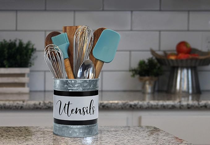 Home Acre Designs Kitchen Utensil Holder - Farmhouse Crock for Countertop Utensils, Black & White